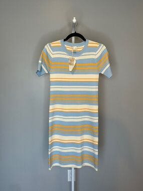 Hem & Thread Short-Sleeve Striped Knit Dress in Blue, White & Yellow- Medium NWT
